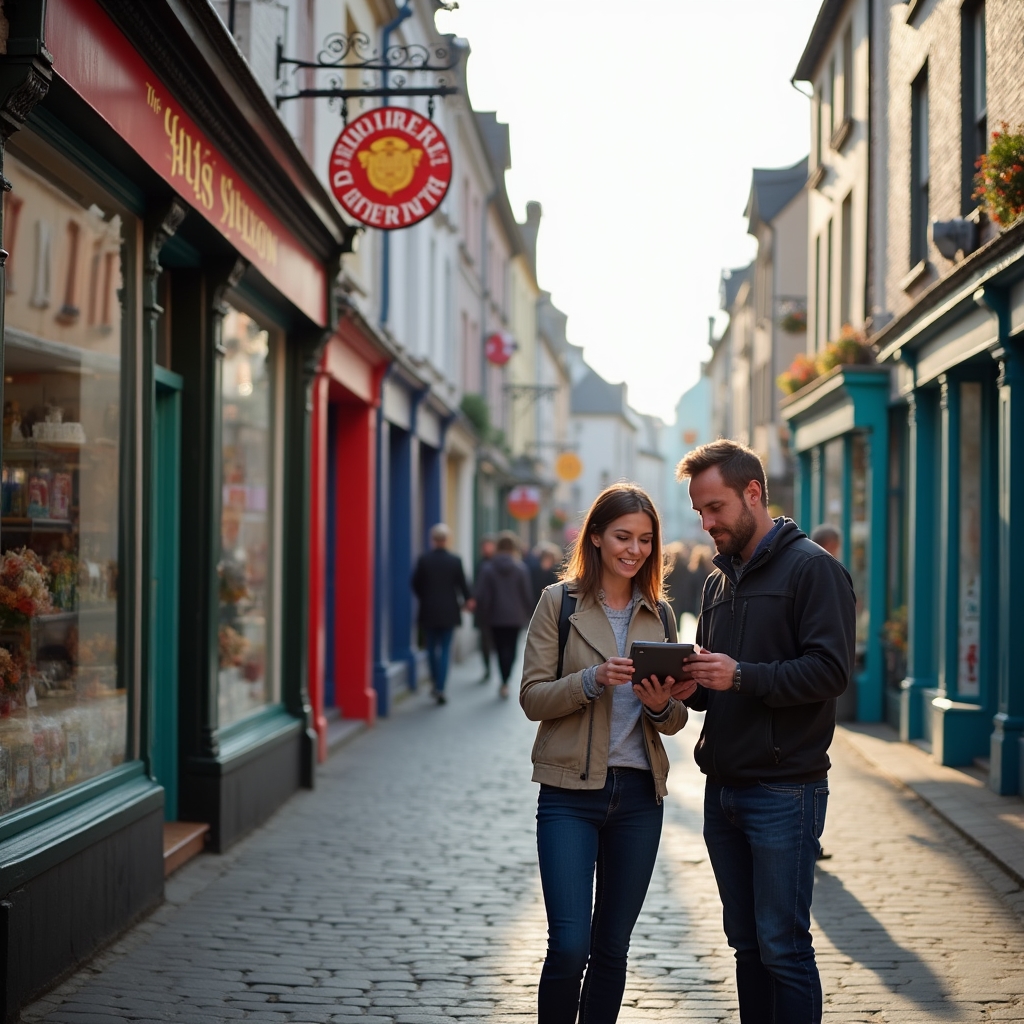 Traditional Irish storefront with business owner and digital consultant
