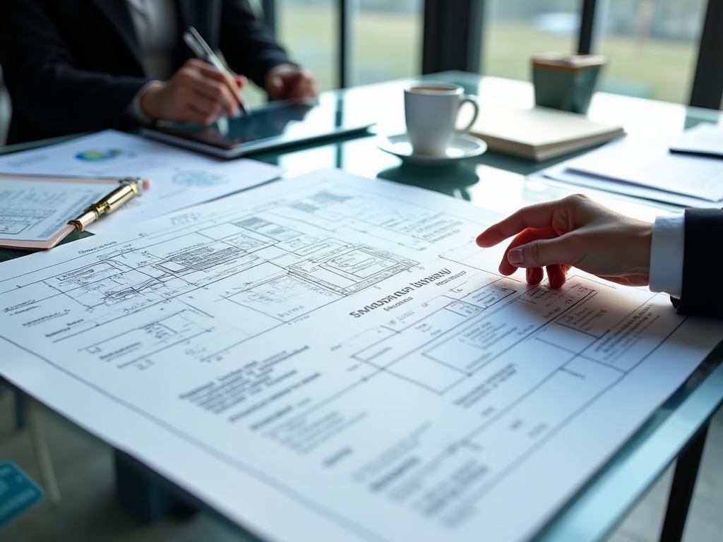 Digital strategy document with blueprint-style technical drawings